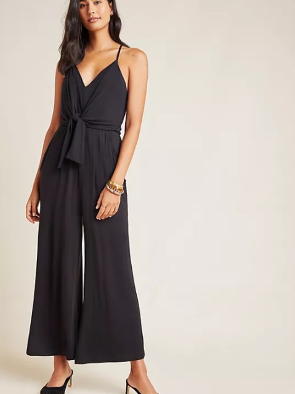 Moulinette Soeurs Black Tie-Front Wide-Leg Jumpsuit with Spaghetti Straps